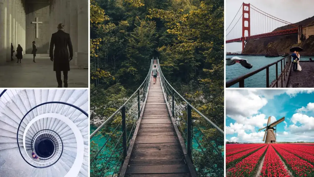 Pięć kadrów: ludzie w kościele, człowiek na moście wiszącym, para pod mostem Golden Gate, spiralne schody, wiatrak na polu tulipanów. Kompozycja w fotografii.