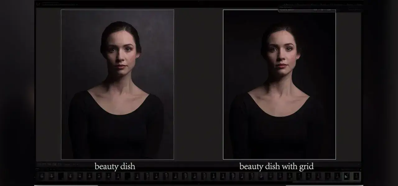 Dwie wersje portretu kobiety: z beauty dishem i z beauty dishem z gridem. Oświetlenie do zdjęć wpływa na efekt.
