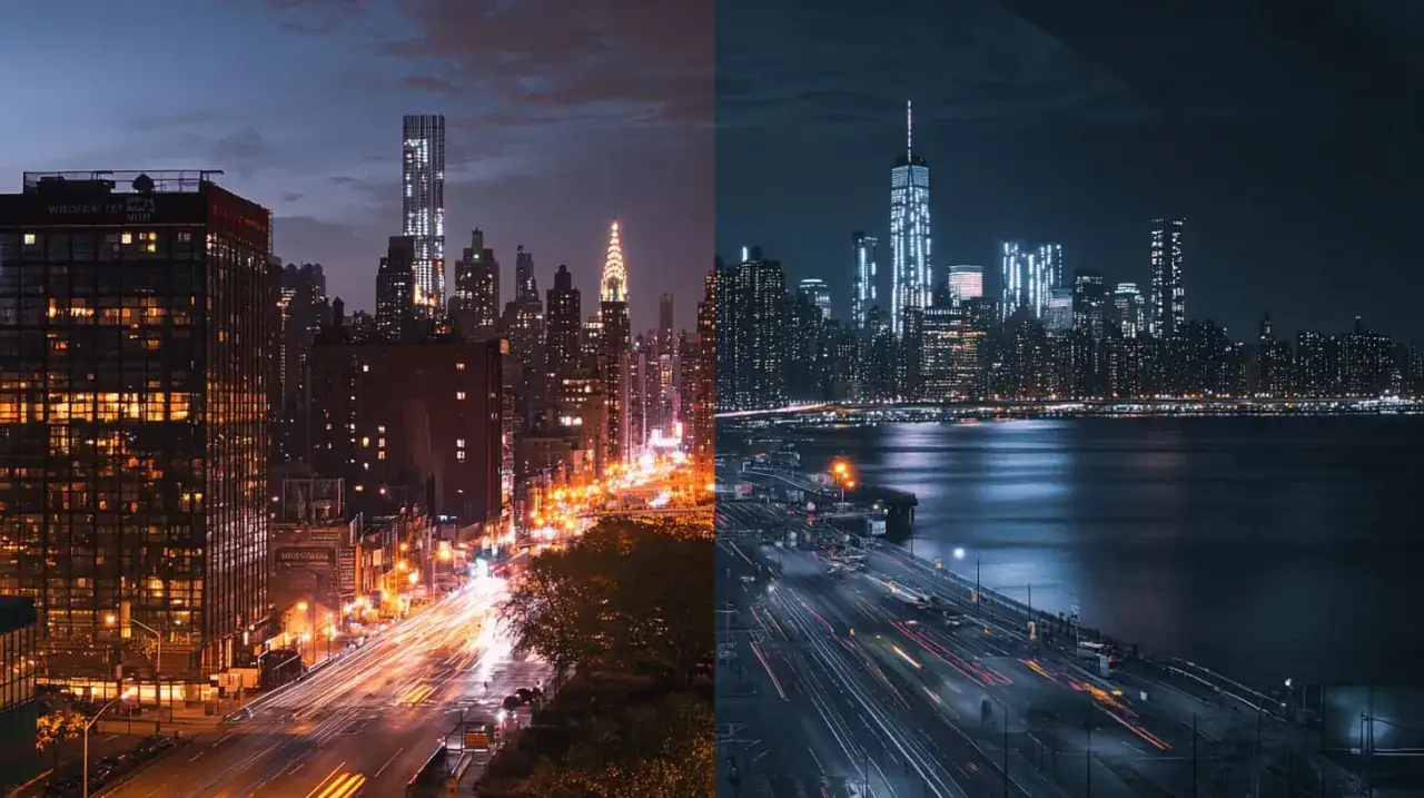 Dwa nocne widoki Nowego Jorku. Po lewej, rozświetlone budynki i smugi świateł samochodów, z lekkim szumem na zdjęciach. Po prawej, panorama Manhattanu z Wieżą Wolności i rzeką.