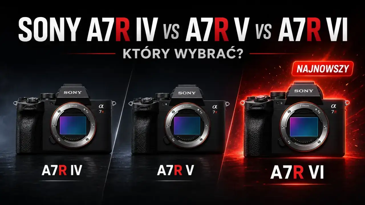 Trzy korpusy aparatu fotograficznego Sony: A7R IV, A7R V i najnowszy A7R VI, porównane obok siebie.