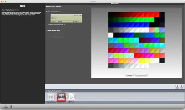 Ekran z kolorowymi łatkami i opcjami do kalibracji monitora. Program i1Profiler pomaga jak skalibrować monitor.