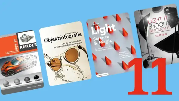 Książki o fotografii produktowej i oświetleniu: "How to Render", "Objektfotografie", "Light Science & Magic", "Light It Shoot It Retouch It". To świetne materiały do stackowania zdjęć.