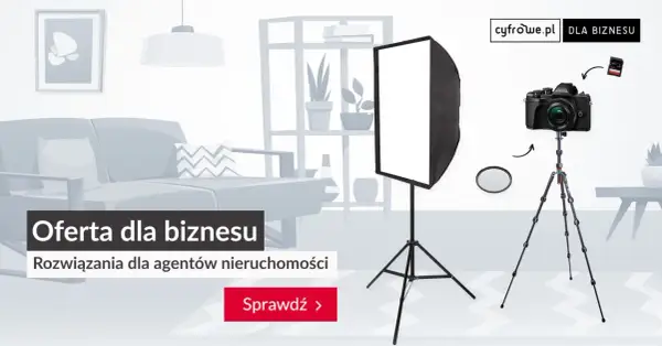 Profesjonalny obiektyw do wnętrz, aparat na statywie i lampa studyjna. Idealne narzędzia dla agentów nieruchomości.