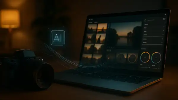 Jaki komputer do obróbki zdjęć? Laptop z programem graficznym, aparat i ikona AI sugerują nowoczesne narzędzia do edycji.