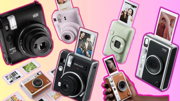 Kolekcja aparatów natychmiastowych marki japońskiego aparatu fotograficznego Fujifilm Instax, w różnych kolorach i modelach, z wydrukowanymi zdjęciami.