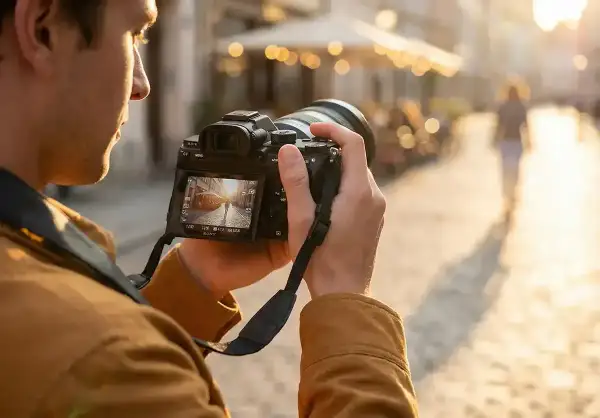 Mężczyzna z aparatem DSLR, który właśnie robi zdjęcie ulicy w złotym świetle.