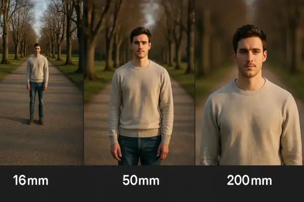 Porównanie ogniskowej obiektywu: mężczyzna na tle alei drzew przy 16mm, 50mm i 200mm.