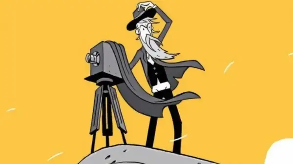 Eadweard Muybridge, z brodą i kapeluszem, z aparatem na statywie, uchwycił ruch.