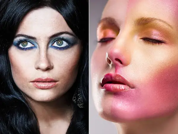 Dwie twarze w artystycznym makijażu. Jedna z intensywnym niebieskim okiem, druga z różowo-złotym blaskiem. Fotografia beauty.