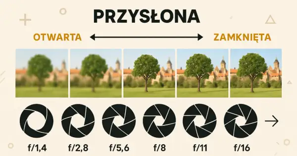 Przysłona fotograficzna zmienia głębię ostrości. Od otwartej (f/1,4) do zamkniętej (f/16), z drzewem i zamkiem w tle.